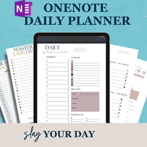 Könnte beinhalten: Ein digitaler Tagesplaner mit Abschnitten für eine Master-Aufgabenliste, einen Zeitplan, eine To-Do-Liste, einen Essensplan und eine Einkaufsliste. Der Planer ist auf einem Tablet geöffnet, mit dem Text "Daily planner" oben. Der Text "Slay your day" befindet sich unten im Bild.