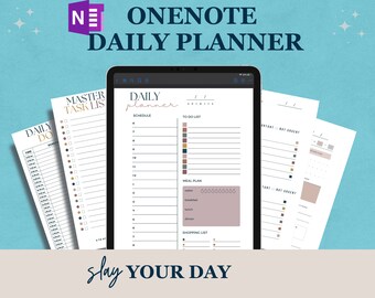 Può includere: Un planner giornaliero digitale con sezioni per un elenco di attività principale, un programma, un elenco di cose da fare, un piano pasto e un elenco della spesa. Il planner è aperto su un tablet con il testo "Daily planner" in alto. Il testo "Slay your day" è in basso nell'immagine.