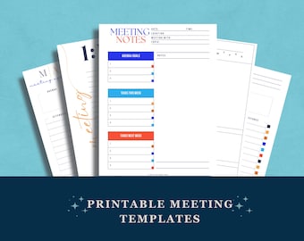 May include: A collection of printable meeting templates on white paper. The templates include sections for agenda, tasks, and notes, with color-coded sections in blue, orange, and red. The text "MEETING NOTES" is at the top of one template.
