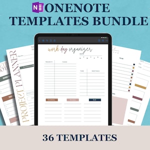 May include: A digital screen displaying a work day organizer template with sections for priority, tasks, time, meetings, to email, to call, and due. The screen is surrounded by other templates, including a project planner and meeting notes. The text "36 TEMPLATES" is displayed below the screen.