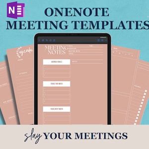 Puede incluir: Una tableta digital que muestra una plantilla de notas de reunión en la aplicación OneNote. La plantilla tiene secciones para los objetivos de la agenda, las tareas de la semana y las tareas de la próxima semana. El texto "slay YOUR MEETINGS" se muestra debajo de la tableta.