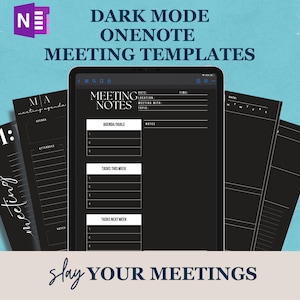 May include: A digital tablet displaying a dark mode OneNote meeting template with sections for agenda goals, tasks this week, and tasks next week. The template is designed to help users organize and manage their meetings effectively.