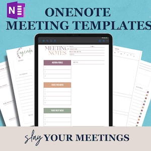 Puede incluir: Una tableta digital que muestra una plantilla de reunión de OneNote con el texto "Meeting Notes" y secciones para los puntos de la agenda, las tareas y las notas. La plantilla está diseñada para ayudar a los usuarios a organizar y documentar sus reuniones.