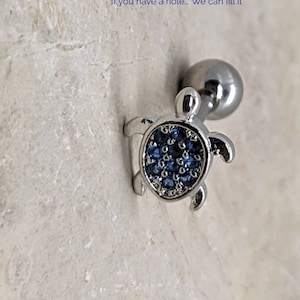 Ocean Blue Turtle Cartilage Earring with Cubic Zirconia ~ Cartilage Barbell
