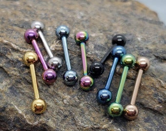 Tongue or Nipple Barbell Plated - Rose Gold ~ Gold ~ Black ~ Steel ~ Titanium - Light Blue ~ Dark Blue ~ Green ~ Purple ~ Rainbow ~