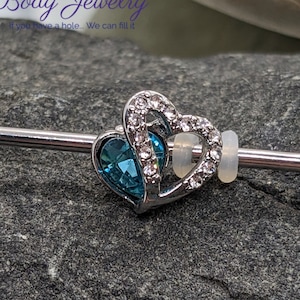 Barbell industriale a forma di cuore con zirconi cubici trasparenti e acquamarina ~ Piercing industriale