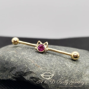 Fuchsia Cat Gold Plated Industrial Barbell ~ Industrial Piercing
