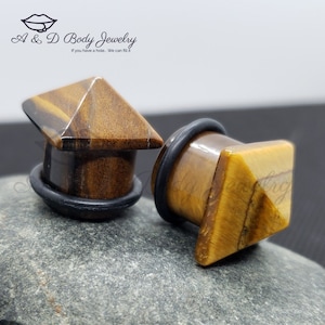 Single Flared Tigers Eye Plugs ~Pyramid Top Stone~
