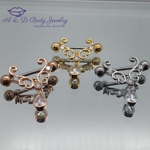 Cubic Zirconia Filigree Dangle Nipple Barbell ~ Nipple Piercing