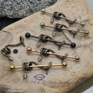 Gold Plated Snake Industrial Barbell Industrial Piercing image 1