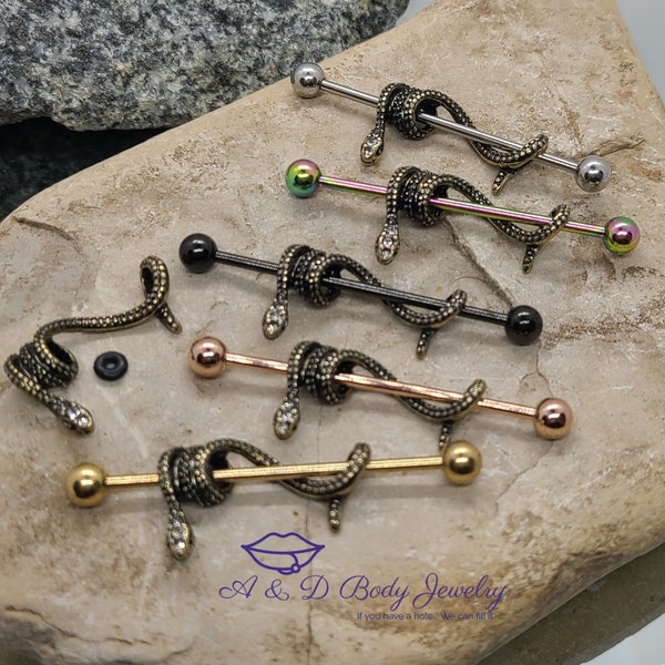Gold Plated Snake Industrial Barbell ~ Industrial Piercing