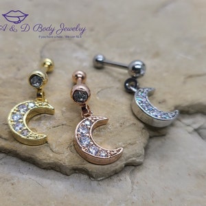 Cubic Zirconia Dangling Moon Cartilage Barbell - Gold, Rose Gold, or Silver