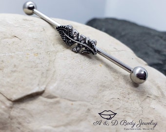 Leaf Industrial Barbell w/ Cubic Zirconia Gems ~ Industrial Piercing
