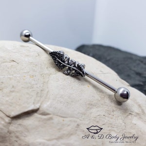 Leaf Industrial Barbell w/ Cubic Zirconia Gems ~ Industrial Piercing
