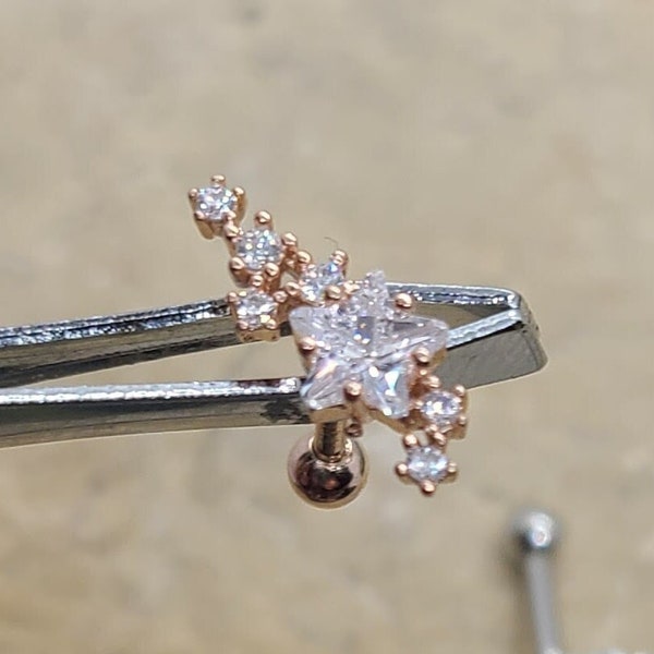 Cubic Zirconia Star with cluster stars Cartilage Barbell - Gold, Rose Gold, or Silver