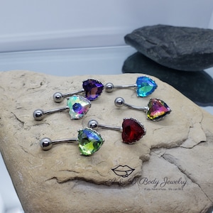 Heart Filigree Encased Aurora Borealis Crystal Navel Ring ~ Belly Ring