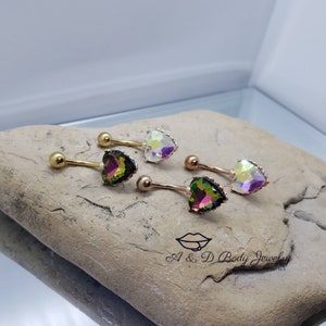 Heart Filigree Encased Aurora Borealis Crystal Navel Ring ~ Belly Ring