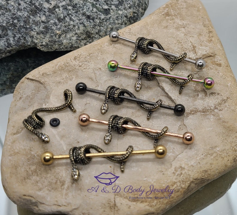 Gold Plated Snake Industrial Barbell Industrial Piercing image 1