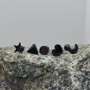 Mixed Shapes Top Cartilage Barbell - Black - Heart, Star, Crescent, Round, and Triangle Shape