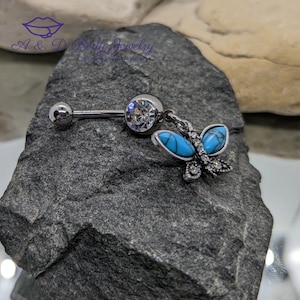 Turquoise Butterfly Dangle Navel Ring with Cubic Zirconia ~ Belly Ring
