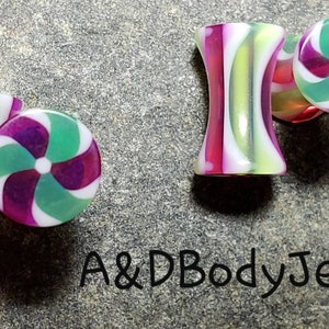Marble Swirl Purple, Green, & White Double Flared Ear Gauge Gauged Ear Plugs Plug Stretchers Stretcher Piercing Body Jewelry
