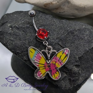 Tie-Dye Butterfly Dangle Navel Ring with Cubic Zirconia ~ Belly Ring