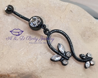 Black Butterfly Dangle Navel Ring: 14 Gauge Surgical Steel Belly Ring