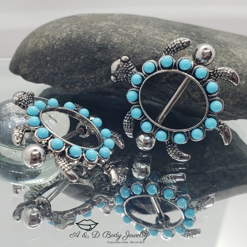 Teal Turtle Nipple Barbell ~ Nipple Piercing