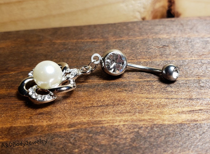 Cubic Zirconia Pearl Flower Dangle Navel Ring