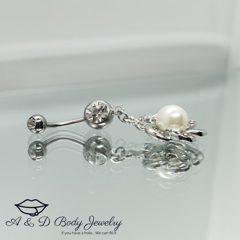 Cubic Zirconia Pearl Flower Dangle Navel Ring