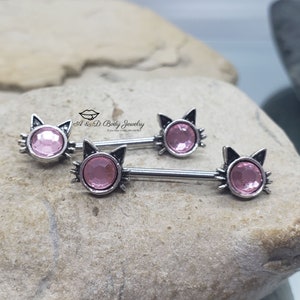 Pink Crystal Cat Nipple Barbell ~ Nipple Piercing
