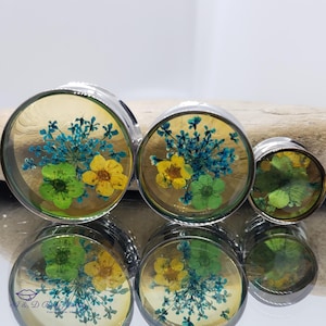 Green and Blue Dried Flower Encased Clear Acrylic Double Flared ~ PAIR