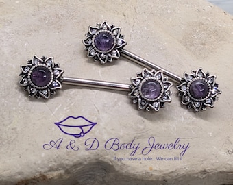 Mystical Sunburst Nipple Bar with Amethyst Stone Inlay ~  Nipple Barbell ~ Nipple Piercing