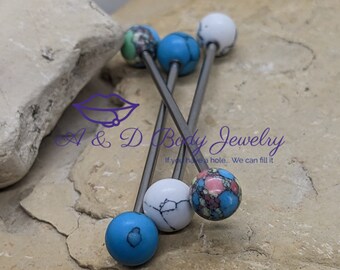 Colorful Stone Industrial Barbell: 14 Gauge Surgical Steel Piercing