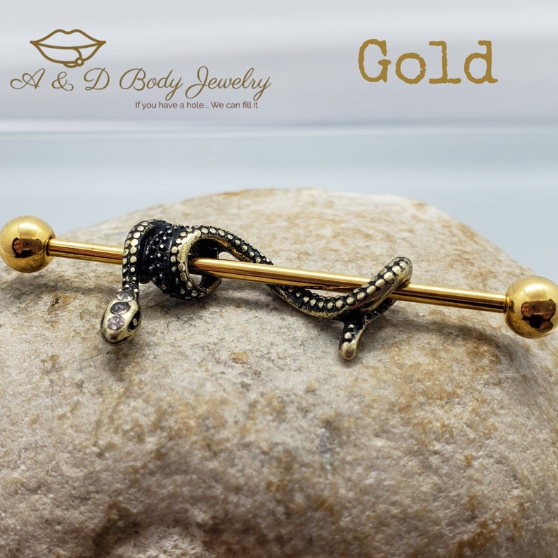 Gold Plated Snake Industrial Barbell Industrial Piercing Gold