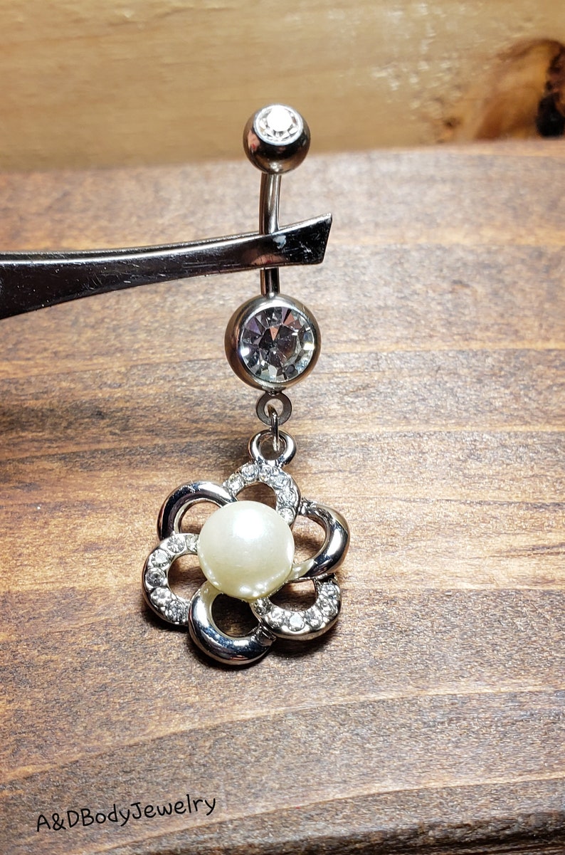 Cubic Zirconia Pearl Flower Dangle Navel Ring