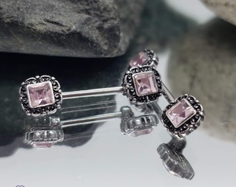 Pink Cubic Zirconia Antique Silver Plated Square Filigree Nipple Barbell ~ Nipple Piercing