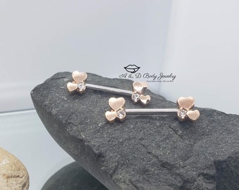 Rose Gold Heart Cluster Nipple Barbell ~ Nipple Piercing ~ Pair