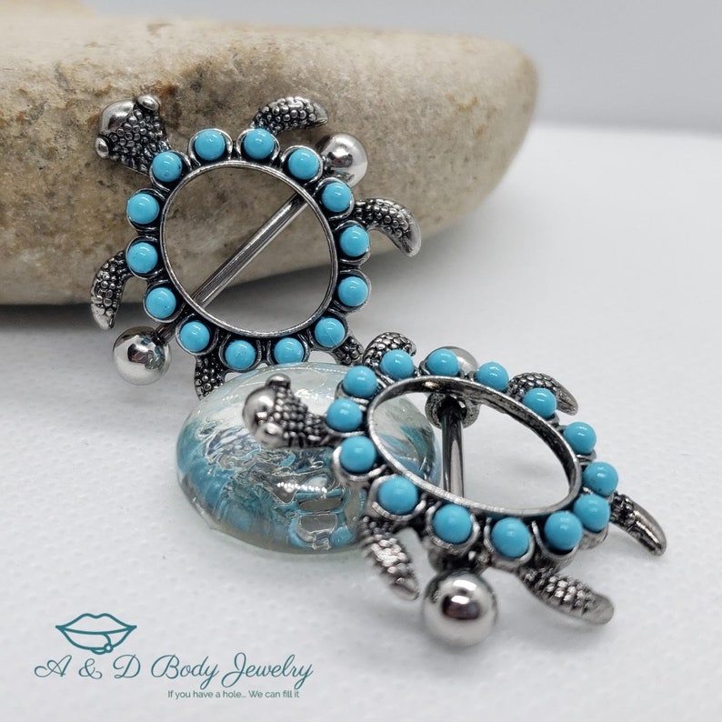 Teal Turtle Nipple Barbell ~ Nipple Piercing