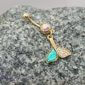 Gold Plated Dolphin Tail Dangle Navel Ring with Aurora Borealis CZ Gem ~ Belly Ring