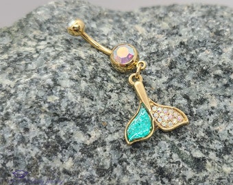 Gold Plated Dolphin Tail Dangle Navel Ring with Aurora Borealis CZ Gem ~ Belly Ring