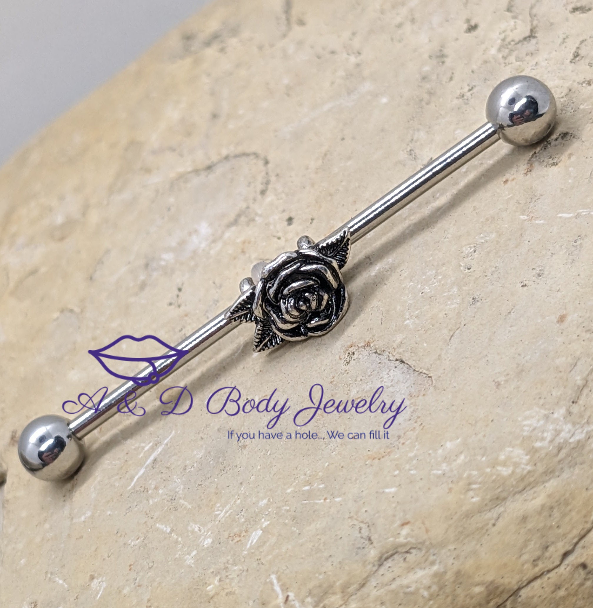 Silver Rose Industrial Barbell Industrial Piercing Etsy