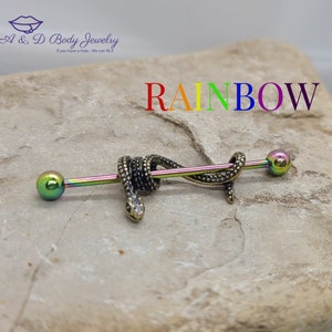 Gold Plated Snake Industrial Barbell Industrial Piercing Rainbow