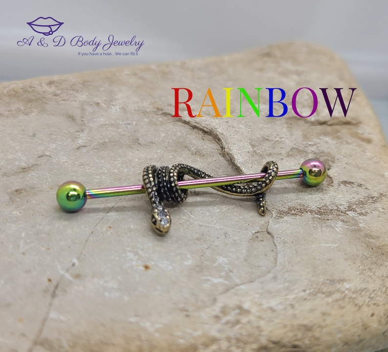 Gold Plated Snake Industrial Barbell Industrial Piercing Rainbow