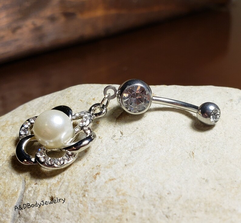 Cubic Zirconia Pearl Flower Dangle Navel Ring