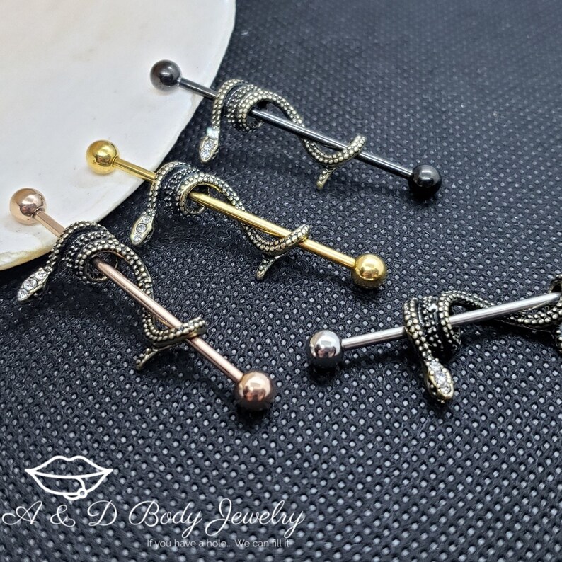 Gold Plated Snake Industrial Barbell Industrial Piercing Etsy