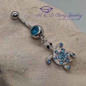 Aqua Cubic Zirconia Turtle Dangle Navel Ring ~ Belly Ring