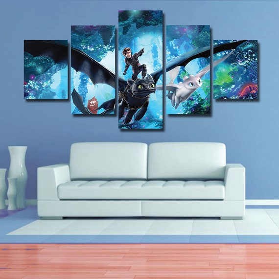 How To Train Your Dragon 3 Wall Art Toothless Poster Canvas Home Decor 5 Pieces Multi Panel Kids Room Bedroom Giclee Framed