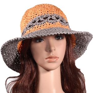 Sonnenhut Sommerhut *Orange Grey*Gr. M 56/57 cm KU mit Papierfasergarn gehäkelt Handarbeit