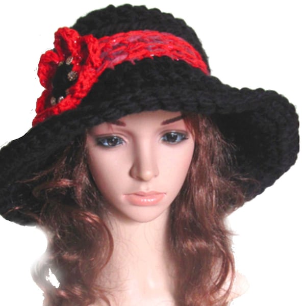 Winterhut *Red Flower* Damenhut Gr M 56- 57 cm KU Handarbeit OOAK